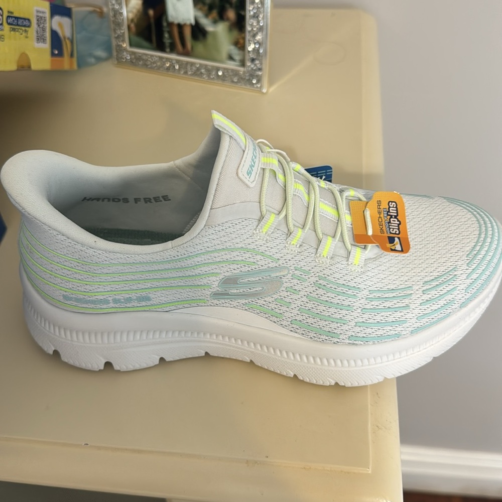 Skechers White and Light Blue Sneakers